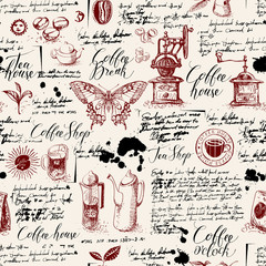 Vector seamless pattern on tea and coffee theme in retro style. Various coffee symbols, butterfly, blots and inscriptions on a background of old manuscript. Can be used as wallpaper or wrapping paper