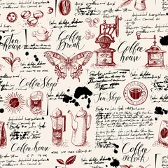 Tapeten Kaffee Vektor nahtlose Muster zum Thema Tee und Kaffee im Retro-Stil. Verschiedene Kaffeesymbole, Schmetterling, Flecken und Inschriften auf dem Hintergrund des alten Manuskripts. Kann als Tapete oder Geschenkpapier verwendet werden