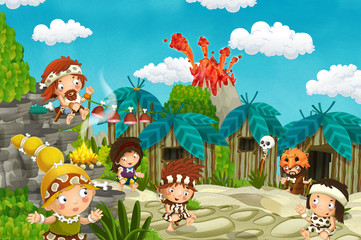 cartoon cavemen village scene with volcano in the background - illustration for children