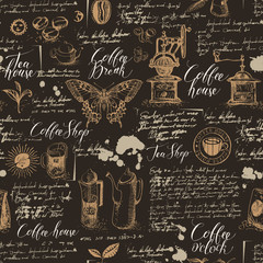 Vector seamless pattern on tea and coffee theme in retro style. Various coffee symbols, butterfly, blots and inscriptions on a background of old manuscript. Can be used as wallpaper or wrapping paper