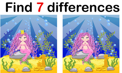 Game for children: find differences, little mermaid and sea world