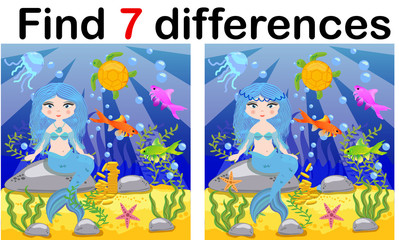 Obraz na płótnie Canvas Game for children: find differences, little mermaid and sea world
