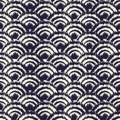 Monochrome dyed effect tribal wave background inspired by Japanese traditional Seigaiha designs and Ikat dyeing technique.