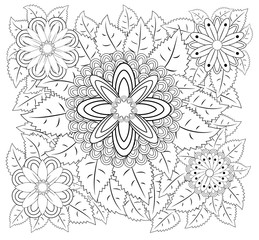 Coloring book for adult and older children. Coloring page with vintage flowers pattern