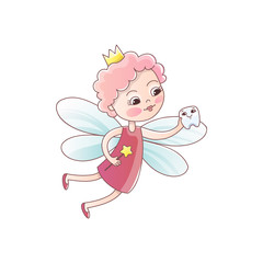 Tooth fairy with a baby milk tooth and a magic wand. Tooth fairy girl flying Fantastic vector illustration in cartoon style isolated on white background.