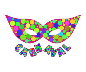 Colorful Carnival Mask With Lettering Carnaval. Design Element For Worldwide Popular Event. Isolated on White Background. Vector Illustration.