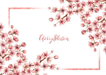 Obraz na płótnie Canvas Cherry blossom,spring flowers watercolor illustration,card for you,handmade,frame,branches, flowers,buds