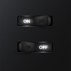 Realistic black switches (ON/OFF) on black background, vector illustration