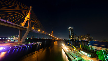 Panorama Bhumibol bridge at night in Bangkok,Thailand.