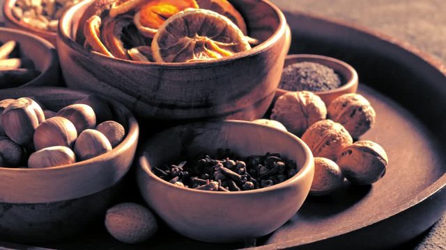 Christmas spices in bowls on the table