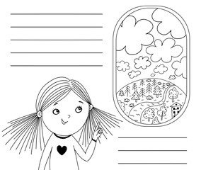 Little girl is pointing to a plane's porthole. Black and white illustration for coloring book. Vector outline illustration