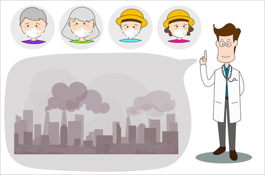 The male doctor stands to explain air pollution in the city toxic smoke exceeds the standard. Concept flat style vector illustration environmental impact. -EPS10