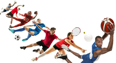 Attack. Sport collage about soccer, american football, basketball, volleyball, tennis, rugby, handball players with balls isolated on white background with copy space