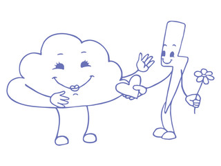 Love between cloud and lightning. Vector doodle sketch. Vector illustration on white background.