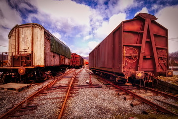 Plakat Old and run down Train Cargo carriers in Bergen Norway