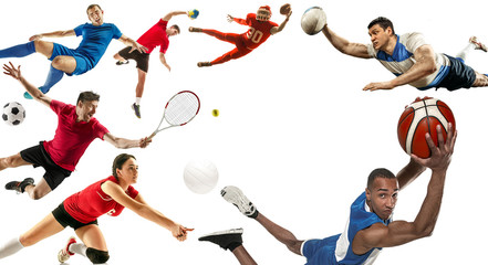 Attack. Sport collage about soccer, american football, basketball, volleyball, tennis, rugby, handball players with balls isolated on white background with copy space
