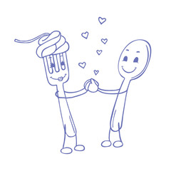 Love between fork and spoon. Vector doodle sketch. Vector illustration on white background.