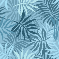 Elegant pastel blue seamless pattern with overlap mess of fern tropical leaves. Trendy exotic plants texture for textile, wrapping paper, surface, wallpaper, background