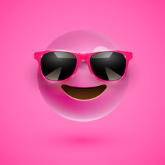 High-detailed 3D smiley with sunglasses on a colorful background, vector illustration