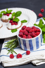 Curd-chocolate dessert without sugar with fresh raspberries and mint. Healthy eating. The concept of a healthy diet.