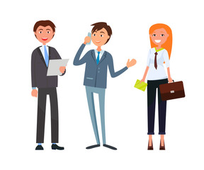 Team of corporate business workers in formal wear. Vector man with sheet of paper, boss speaking on telephone and woman holding briefcase isolated characters