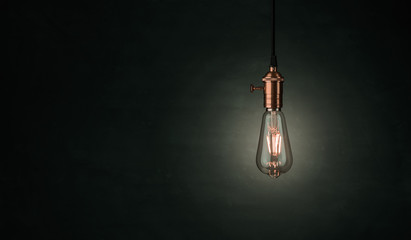 Close up of a vintage, Edison lightbulb over dark background with copy space - obrazy, fototapety, plakaty