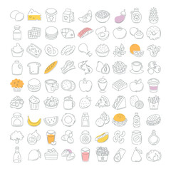 Set of line food icons. Bakery, dairy food, fruit and vegetables. Desserts, fast food and pasta images. Isolated vector icons on white background.