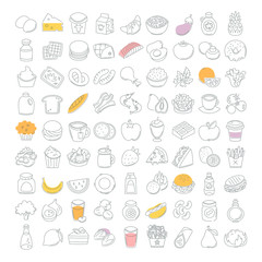 Set of line food icons. Bakery, dairy food, fruit and vegetables. Desserts, fast food and pasta images. Isolated vector icons on white background.