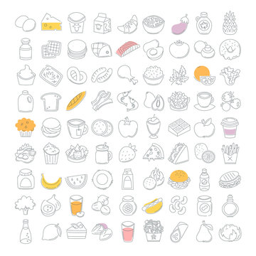 Set of line food icons. Bakery, dairy food, fruit and vegetables. Desserts, fast food and pasta images. Isolated vector icons on white background.