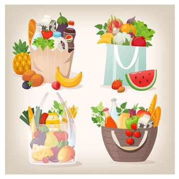 Set of various shopping bags filled with fruit, vegetables and other healthy goods from grocery store or local market. Isolated vector images