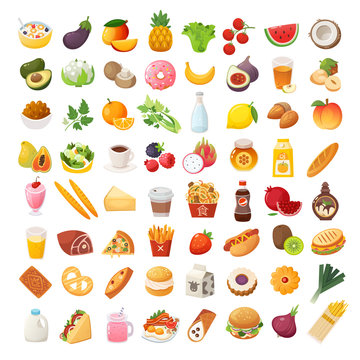 Set of colorful food icons. Bakery, dairy food, fruit and vegetables. Desserts fast food and pasta images. Isolated vector cartoon icons on white background.