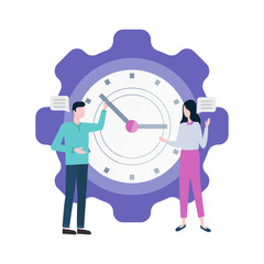 Time management people with big clock vector. Isolated man and woman with watch, timing and planning organization, characters with working plan job