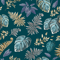 Seamless background dark leaves of tropical exotic plants. Pattern jungle with palm trees and lianas. Vector 3d illustration.