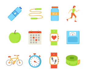 Bottle with still water isolated icons set vector. Jumping rope and running woman, wristband pulse and steps. Bicycle and timer clock, ripe apple