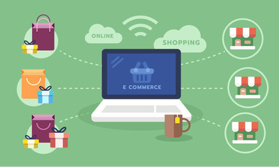 E commerce website, Online shopping business concept, store and customer. Vector illustration 