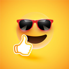 Realistic emoticon with sunglasses and thumbs up, vector illustration