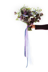 Violet flower on white background with hand