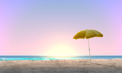 Realistic landscape of a beach with sunset / sunrise and a yellow parasol, vector illustration