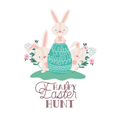 happy easter hunt label with egg and flowers icon