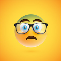 3D yellow emoticon with eyeglasses, vector illustration