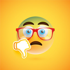Obraz premium Emoticon with thumbs down and eyeglass, vector illustration