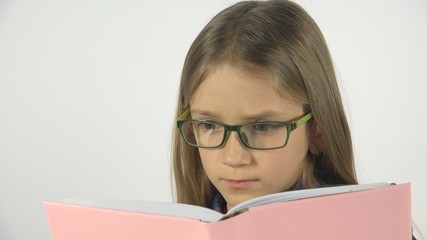 Child Reading a Book, Schoolgirl Studying, Eyeglasses Portrait Student Kid Learn