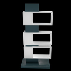 Showcase Displays Retail Shelves Stand. Trade show booth. 3d render illustration on black background. Template mockup for your design.