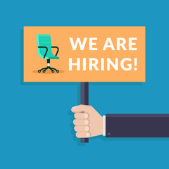 Business hands holding board, job opening flat design vector illustration