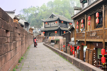 The pathway of North Gate Wall (Gucheng Qiangcheng) toward to North Gate Tower in Fenghuang old city (Phoenix Ancient Town), Hunan Province, China.