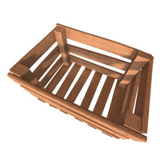 Wooden box for transportation and storage of products. Empty crate for fruits and vegetables. 3d render isolated on white background.