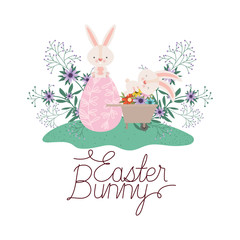 easter bunny label with egg and flowers icon
