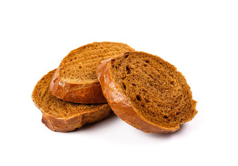 Three pieces of dark bread. Close up. Isolated on white background