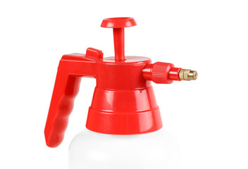Red garden sprayer. Close up. Isolated on white background