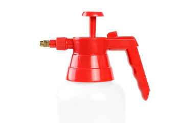 Red garden sprayer. Close up. Isolated on white background